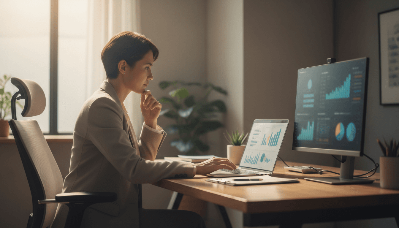 Professional reviewing business dashboards and performance metrics on laptop