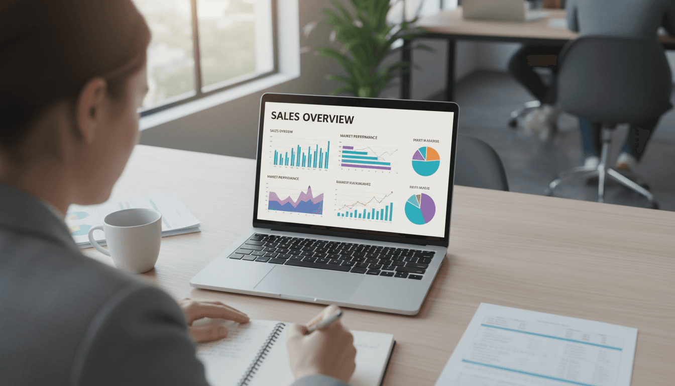 Business professional reviewing integrated ERP dashboard with real-time performance metrics