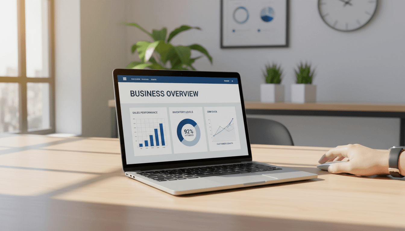 ERP dashboard on laptop showing integrated business data and metrics