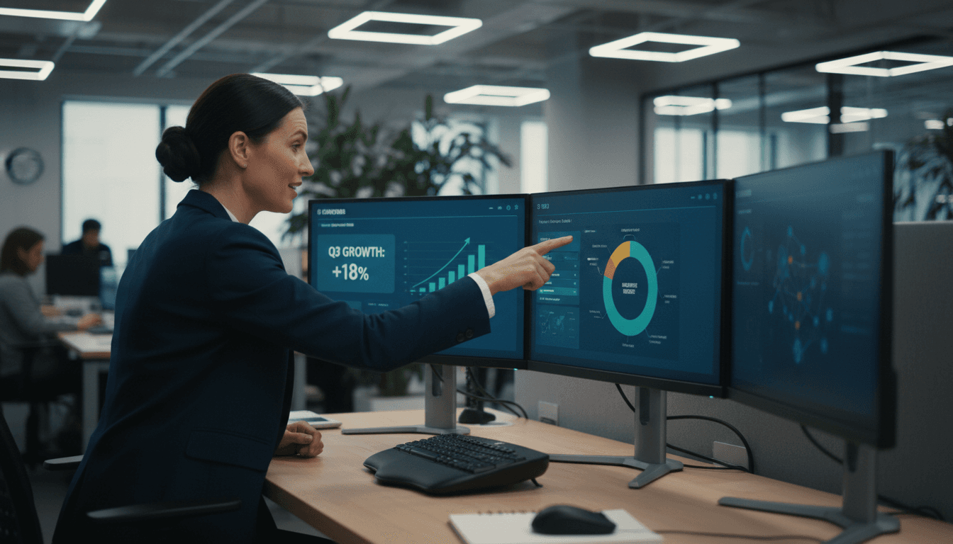 Professional reviewing business dashboards and data metrics on computer screens