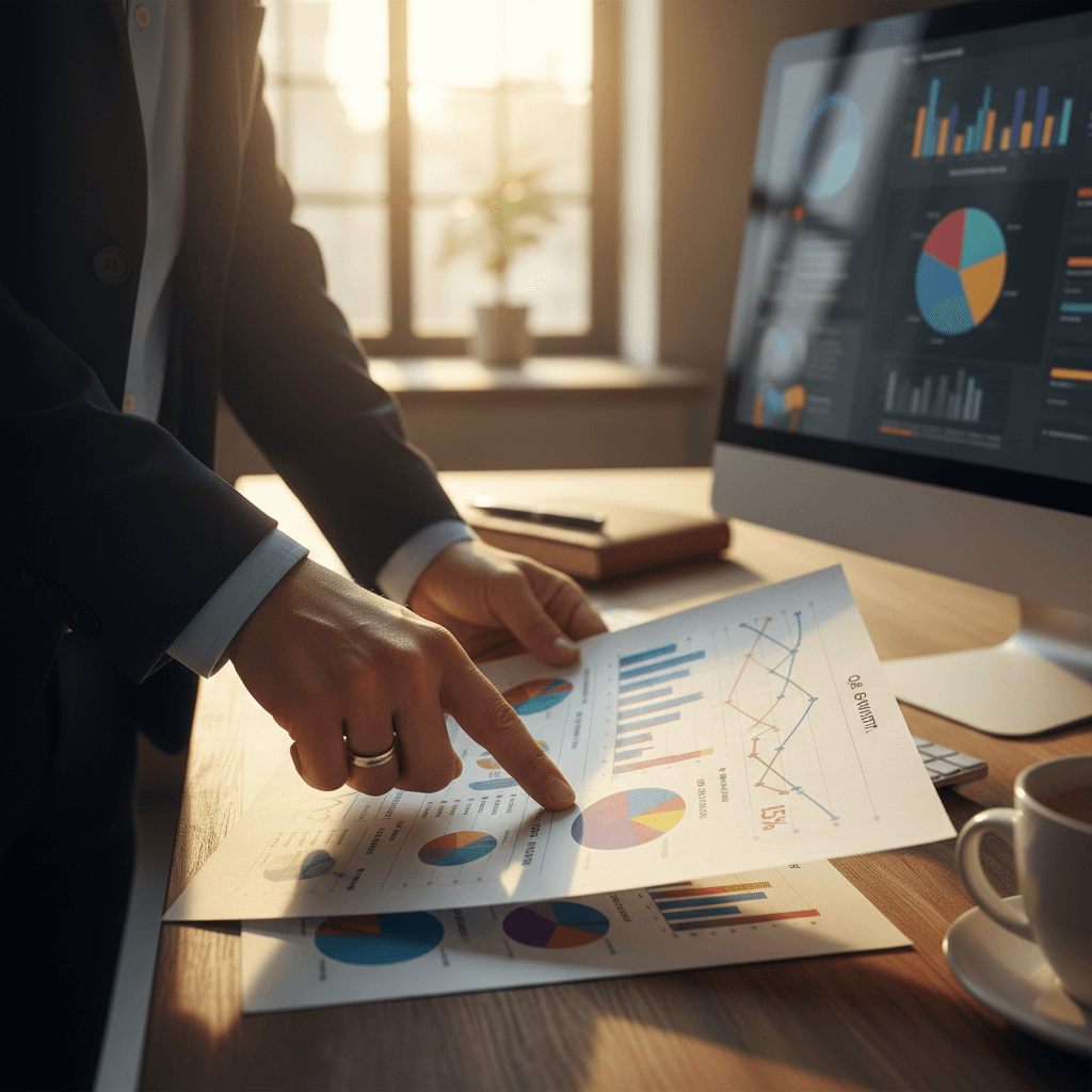 Executive reviewing analytics dashboard and performance metrics